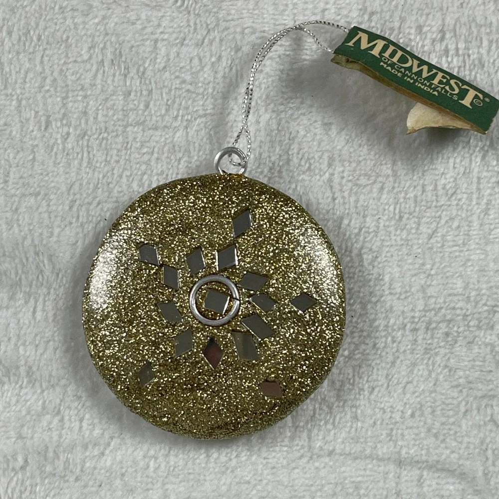 Midwest of Cannon Falls Gold Glitter Mirrored Snowflake Christmas Ornament New